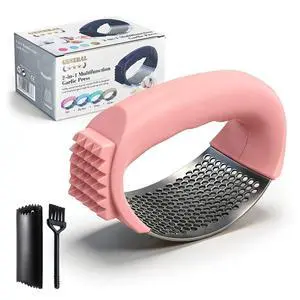 Garlic Press Rocker 304 Stainless Steel Garlic Mincer Crusher Easy to Clean Dishwasher Safe Textured End for Light Tenderizing, with Silicone Peeler and Cleaning Brush (Pink) Garlic Press Rocker 304 Stainless Steel Garlic Mincer Crusher Easy to Clean Dishwasher Safe Textured End for Light Tenderizing, with Silicone Peeler and Cleaning Brush (Pink)