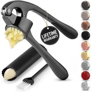 Premium Garlic Press Set - Rust Proof Professional Garlic Mincer Tool - Easy-Squeeze, Easy-Clean with Soft, Ergonomic Handle - Silicone Garlic Peeler & Brush-Dark Gray Premium Garlic Press Set - Rust Proof Professional Garlic Mincer Tool - Easy-Squeeze, Easy-Clean with Soft, Ergonomic Handle - Silicone Garlic Peeler & Brush-Dark Gray