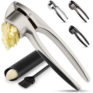 Premium Garlic Press Set Rust Proof & Dishwasher Safe Garlic Mincer Tool with Silicone Garlic Peeler & Brush, Easy Squeeze & Clean, Ergonomic Soft Grip Handle - Medium Silver Premium Garlic Press Set Rust Proof & Dishwasher Safe Garlic Mincer Tool with Silicone Garlic Peeler & Brush, Easy Squeeze & Clean, Ergonomic Soft Grip Handle - Medium Silver