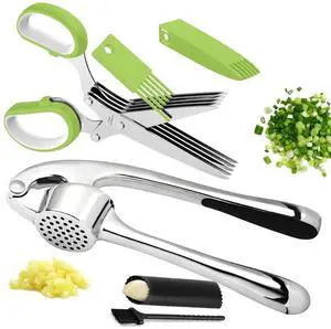 Garlic Press Stainless Steel, 2 in 1 Garlic Mincer & Herb Scissors, Dishwasher Safe Garlic Crusher, Rust Proof Garlic Smasher and Mincer Tool with Peeler and Brush for Kitchen Garlic Press Stainless Steel, 2 in 1 Garlic Mincer & Herb Scissors, Dishwasher Safe Garlic Crusher, Rust Proof Garlic Smasher and Mincer Tool with Peeler and Brush for Kitchen