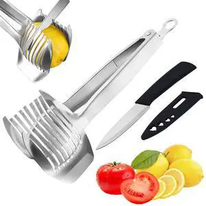 Tomato Slicer Holder with Paring Knife Set, Stainless Steel Lemon Slicer Cutter for Slicing, Onion Holder for Slicing, Vegetable Cutter for Tomato, Lemon Tomato Slicer Holder with Paring Knife Set, Stainless Steel Lemon Slicer Cutter for Slicing, Onion Holder for Slicing, Vegetable Cutter for Tomato, Lemon