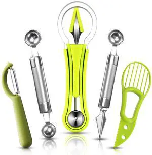 5Pcs Melon Baller Scoop Set, 4 in 1 Stainless Steel Fruit Scooper Seed Remover Cutter, Double Sided Melon Baller Spoon, Avocado Cutter, Watermelon Carving Knife for Dig Pulp Separator Fruit Slicer 5Pcs Melon Baller Scoop Set, 4 in 1 Stainless Steel Fruit Scooper Seed Remover Cutter, Double Sided Melon Baller Spoon, Avocado Cutter, Watermelon Carving Knife for Dig Pulp Separator Fruit Slicer