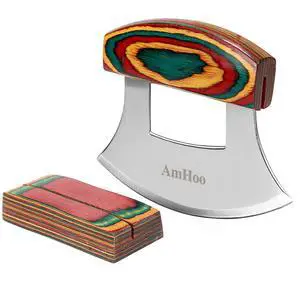 Pizza Cutter Chef Mezzaluna Ulu Knife Handle Color Wood Grip Sharp Rocker Slicer Stainless Steel Blade Salad Onion Vegetable Chopper with Holder Base Christmas Gifts Pizza Cutter Chef Mezzaluna Ulu Knife Handle Color Wood Grip Sharp Rocker Slicer Stainless Steel Blade Salad Onion Vegetable Chopper with Holder Base Christmas Gifts