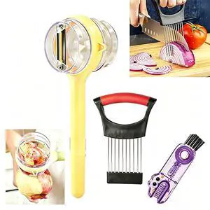 3-Piece Kitchen Set Stainless Steel Onion Holder Slicer with 10 Forks, Peeler with Storage Box, 3-in-1 Cup Lid & Gap Brush for Slicing Potato, Avocado, Eggs, Lemon, Meat 3-Piece Kitchen Set Stainless Steel Onion Holder Slicer with 10 Forks, Peeler with Storage Box, 3-in-1 Cup Lid & Gap Brush for Slicing Potato, Avocado, Eggs, Lemon, Meat