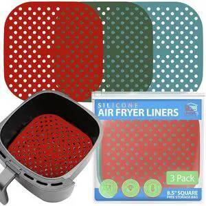 Reusable Square Silicone Air Fryer Liners (8.5 Inch, 3 Pack) by Lindas Essentials - Non-Stick, Easy-Clean Accessories with Cheat Sheet & Recipe Book, Perfect for Quick Meals Reusable Square Silicone Air Fryer Liners (8.5 Inch, 3 Pack) by Lindas Essentials - Non-Stick, Easy-Clean Accessories with Cheat Sheet & Recipe Book, Perfect for Quick Meals