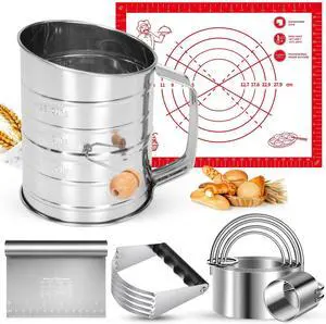 9PCS Stainless Steel Pastry Blender Set, 3 Cup Flour Sifter, Biscuit Cutter, Pastry Cutter, Dough Cutter, Silicone Baking Mats, for Cooking Cookies and Donuts, Cakes, Biscuits or Making Pancakes 9PCS Stainless Steel Pastry Blender Set, 3 Cup Flour Sifter, Biscuit Cutter, Pastry Cutter, Dough Cutter, Silicone Baking Mats, for Cooking Cookies and Donuts, Cakes, Biscuits or Making Pancakes