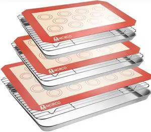 Stainless Steel Baking Sheet Tray Cooling Rack with Silicone Baking Mat Set, Cookie Pan with Cooling Rack, Set of 9 (3 Sheets + 3 Racks + 3 Mats), 10/12/16 Inch, Easy Clean Stainless Steel Baking Sheet Tray Cooling Rack with Silicone Baking Mat Set, Cookie Pan with Cooling Rack, Set of 9 (3 Sheets + 3 Racks + 3 Mats), 10/12/16 Inch, Easy Clean