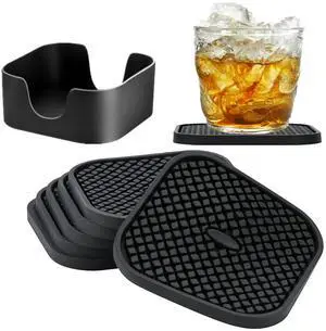 Silicone Coasters Set of 6, Drink Coasters with Holder, Non-Slip Cup Mat, Deep Tray Absorbent Coaster, Heat Resistant Countertop Protection (Black-Square) Silicone Coasters Set of 6, Drink Coasters with Holder, Non-Slip Cup Mat, Deep Tray Absorbent Coaster, Heat Resistant Countertop Protection (Black-Square)