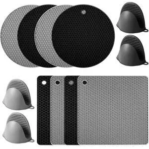 Pack Silicone Trivet Mats Hot Pads with Silicone Oven Mitts Non Slip Pot Holders Heat Resistant Trivet Pads Cooking for Kitchen Counter Table Placemats (Black, Gray) Pack Silicone Trivet Mats Hot Pads with Silicone Oven Mitts Non Slip Pot Holders Heat Resistant Trivet Pads Cooking for Kitchen Counter Table Placemats (Black, Gray)