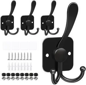 Coat Hooks Wall Mount, Metal Self Adhesive 3 Prong Coat Hanger Hooks for Entryway Doorway, 2 Mount Options, Black, 4 Pcs Coat Hooks Wall Mount, Metal Self Adhesive 3 Prong Coat Hanger Hooks for Entryway Doorway, 2 Mount Options, Black, 4 Pcs