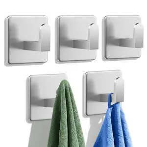 Adhesive Towel Hooks, 5 Pack Heavy Duty Wall Hooks 15lb Max, No Drilling Sticky Hooks for Bathroom Shower Kitchen, Waterproof Rustproof Stainless Steel Hooks for Towels, Robes, Coats, Silver Adhesive Towel Hooks, 5 Pack Heavy Duty Wall Hooks 15lb Max, No Drilling Sticky Hooks for Bathroom Shower Kitchen, Waterproof Rustproof Stainless Steel Hooks for Towels, Robes, Coats, Silver