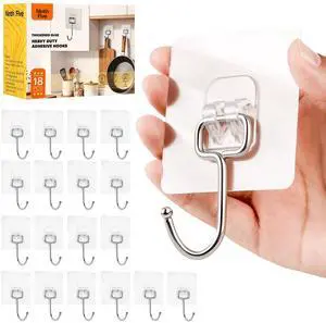 18 Packs Large Adhesive Wall Hooks for Hanging Heavy-Duty 44Ib(Max), Wall Hangers Without Nails Self-Adhesive Traceless Clear and Removable, Uses for Bathroom Kitchen Home 18 Packs Large Adhesive Wall Hooks for Hanging Heavy-Duty 44Ib(Max), Wall Hangers Without Nails Self-Adhesive Traceless Clear and Removable, Uses for Bathroom Kitchen Home