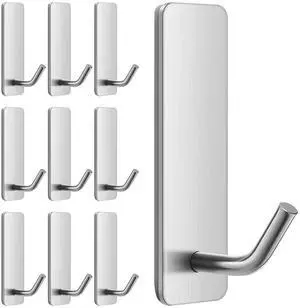 Small Self Adhesive Wall Hooks for Towels, Stainless Steel, 10 Pack, Silver Small Self Adhesive Wall Hooks for Towels, Stainless Steel, 10 Pack, Silver