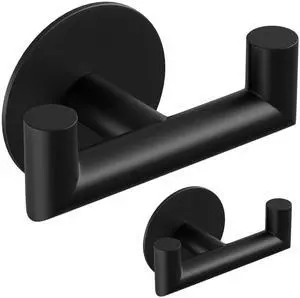 2 Pack Black Bathroom Hooks for Towels - Self Adhesive Double Hooks for Wall, No Drilling, Matte Finish, Strong Hold for Robes, Coats, Shower Use 2 Pack Black Bathroom Hooks for Towels - Self Adhesive Double Hooks for Wall, No Drilling, Matte Finish, Strong Hold for Robes, Coats, Shower Use
