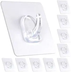 Adhesive Hooks, Heavy Duty Utility Hooks 20 lb(Max) Waterproof and Oilproof Removable, Clear Seamless Hooks Reusable Wall Hook for Kitchen Bathroom Bedroom Office - 10 Pack Adhesive Hooks, Heavy Duty Utility Hooks 20 lb(Max) Waterproof and Oilproof Removable, Clear Seamless Hooks Reusable Wall Hook for Kitchen Bathroom Bedroom Office - 10 Pack