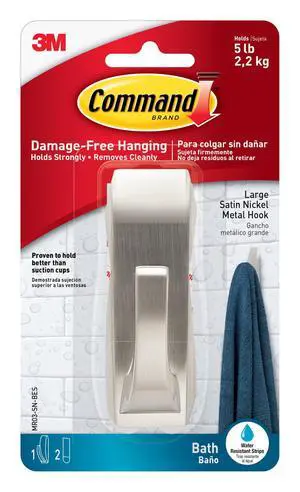 Modern Reflections Large Metal Bath Hook, Satin Nickel, 1-Hook with Water-Resistant Strips, Organize Damage-Free Modern Reflections Large Metal Bath Hook, Satin Nickel, 1-Hook with Water-Resistant Strips, Organize Damage-Free