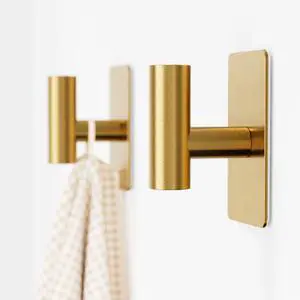 Towel Hooks for Bathrooms 2 Pack, Brushed Gold Finish, T-Shaped Stainless Steel Adhesive Wall Hooks for Robes & Towels in Kitchen, Shower, or Closet Towel Hooks for Bathrooms 2 Pack, Brushed Gold Finish, T-Shaped Stainless Steel Adhesive Wall Hooks for Robes & Towels in Kitchen, Shower, or Closet