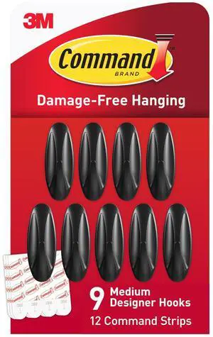 Medium Designer Hooks, Black, 9 Hooks, 12 Strips Medium Designer Hooks, Black, 9 Hooks, 12 Strips
