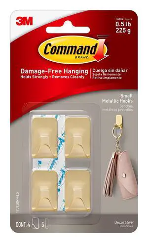 Small Metallic Hooks Brass Color, 4 Hooks and 5 Strips, Damage-Free Wall Hook with Adhesive Strips, Adhesive Hooks for Hanging Back to School Dorm Organizers, Holds up to 0.5 lb Small Metallic Hooks Brass Color, 4 Hooks and 5 Strips, Damage-Free Wall Hook with Adhesive Strips, Adhesive Hooks for Hanging Back to School Dorm Organizers, Holds up to 0.5 lb