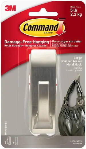 Large Modern Reflections Metal Hook, Brushed Nickel, 1-Hook, 2-Strips, Decorate Damage-Free Large Modern Reflections Metal Hook, Brushed Nickel, 1-Hook, 2-Strips, Decorate Damage-Free