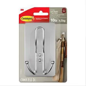 X-Large Satin Nickel Triple Hook, 1 Hook, 3 Strips, Damage-Free Hanging with Adhesive Strips, No Tools Wall Hook for Hanging Decorations in Living Spaces X-Large Satin Nickel Triple Hook, 1 Hook, 3 Strips, Damage-Free Hanging with Adhesive Strips, No Tools Wall Hook for Hanging Decorations in Living Spaces