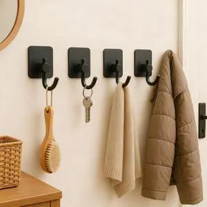 Pack Heavy Duty Adhesive Hooks, Self Adhesive Wall Hooks for Bathroom & Kitchen, Strong Style Hold 5lbs, No Drill Damage Free Hanging for Towels, Coats, Hats (Black) Pack Heavy Duty Adhesive Hooks, Self Adhesive Wall Hooks for Bathroom & Kitchen, Strong Style Hold 5lbs, No Drill Damage Free Hanging for Towels, Coats, Hats (Black)