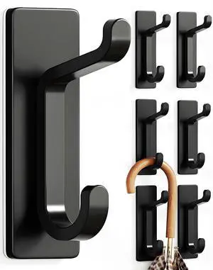 Wall Hooks for Coat and Towel: 13LB Strong Adhesive Door Hanger Stick on, Black 6 Pack Wall Hooks for Coat and Towel: 13LB Strong Adhesive Door Hanger Stick on, Black 6 Pack