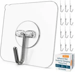 Adhesive Wall Hooks for Hanging Heavy Duty 22 lbs Hooks for Walls No Drill, Towel Sticky Clear Hook, Waterproof, Home, Bathroom, Kitchen, Office, and Outdoor 12 Pack Adhesive Wall Hooks for Hanging Heavy Duty 22 lbs Hooks for Walls No Drill, Towel Sticky Clear Hook, Waterproof, Home, Bathroom, Kitchen, Office, and Outdoor 12 Pack