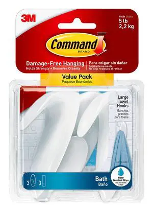 Bath Large Towel Hook Value Pack, Clear Frosted, 3-Large Hooks, 3-Water-Resistant Strips, Organize Damage-Free Bath Large Towel Hook Value Pack, Clear Frosted, 3-Large Hooks, 3-Water-Resistant Strips, Organize Damage-Free