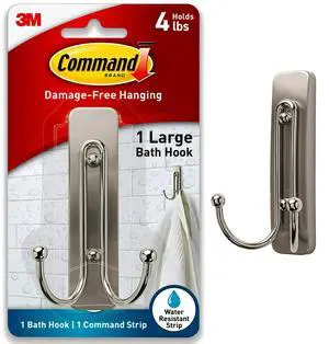 Large Double Bathroom Wall Hook, Damage-Free Hanging with Adhesive Strip, Great for Hanging Bath Towels, 1 Satin Nickel Wall Hook and 1 Water-Resistant Strip, Holds up to 4 lb Large Double Bathroom Wall Hook, Damage-Free Hanging with Adhesive Strip, Great for Hanging Bath Towels, 1 Satin Nickel Wall Hook and 1 Water-Resistant Strip, Holds up to 4 lb
