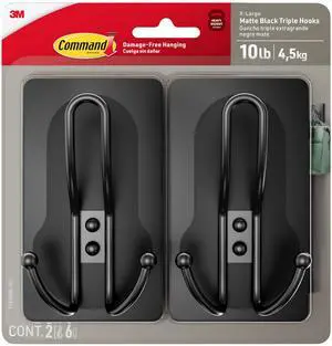 X-Large Matte Black Triple Hook, 2 Hooks, 6 Strips, Damage-Free Hanging with Adhesive Strips, No Tools Wall Hook for Hanging Decorations in Living Spaces X-Large Matte Black Triple Hook, 2 Hooks, 6 Strips, Damage-Free Hanging with Adhesive Strips, No Tools Wall Hook for Hanging Decorations in Living Spaces