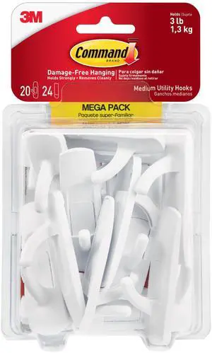 Medium Utility Hooks, 20 Hooks and 24 Strips, Damage-Free Hanging Wall Hook with Adhesive Strips, No Tools Great for Hanging Back to School Dorm Organizers, Holds up to 3 lb Medium Utility Hooks, 20 Hooks and 24 Strips, Damage-Free Hanging Wall Hook with Adhesive Strips, No Tools Great for Hanging Back to School Dorm Organizers, Holds up to 3 lb