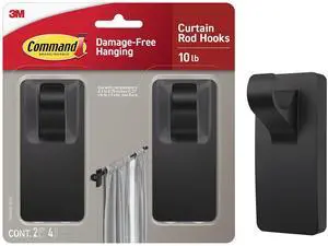 10 lb Matte Black Curtain Rod Hooks, 2 Hooks and 4 Strips, No Drilling Back to School Dorm Organizers, Use with Rod Diameters 0.5-0.75" 10 lb Matte Black Curtain Rod Hooks, 2 Hooks and 4 Strips, No Drilling Back to School Dorm Organizers, Use with Rod Diameters 0.5-0.75"