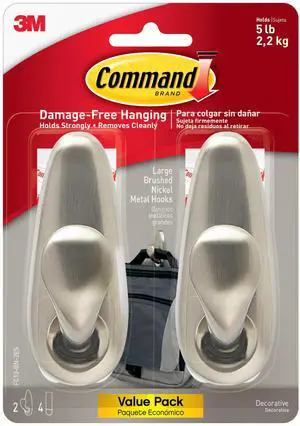 5 lb Large Brushed Nickel Metal Hooks, 2 Coat Hooks and 4 Strips, Damage-Free Hanging with Adhesive, Great for Hanging Back to School Dorm Organizers 5 lb Large Brushed Nickel Metal Hooks, 2 Coat Hooks and 4 Strips, Damage-Free Hanging with Adhesive, Great for Hanging Back to School Dorm Organizers