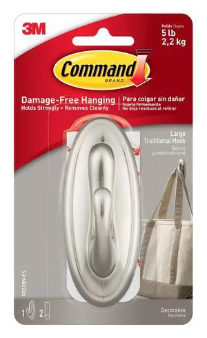 5 lb Large Brushed Nickel Color Hook, 1 Hook and 2 Command Strips, Damage-Free Coat Hooks with Adhesive Strips, Traditional Hooks for Hanging Home Decor and Room Decor 5 lb Large Brushed Nickel Color Hook, 1 Hook and 2 Command Strips, Damage-Free Coat Hooks with Adhesive Strips, Traditional Hooks for Hanging Home Decor and Room Decor