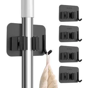 Pack No Drill Self Adhesive Broom Mop Holder Wall Mount with Hooks, Heavy Duty Stainless Steel Organizer for Kitchen Bathroom Garage Storage, Black Pack No Drill Self Adhesive Broom Mop Holder Wall Mount with Hooks, Heavy Duty Stainless Steel Organizer for Kitchen Bathroom Garage Storage, Black