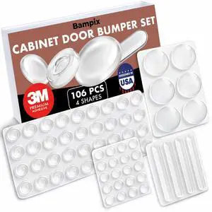 Clear Cabinet Door Bumpers, 106 Pack, 4 Shapes, Self-Adhesive Silicone Pads, Sound-Dampening Protectors for Cabinets, Drawers, Furniture, Walls, and Door Handles Clear Cabinet Door Bumpers, 106 Pack, 4 Shapes, Self-Adhesive Silicone Pads, Sound-Dampening Protectors for Cabinets, Drawers, Furniture, Walls, and Door Handles