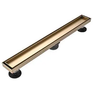 Linear Shower Floor Drain, Brushed Gold 24 Inch 304 Stainless Steel Bathroom Drains Kit, Rectangular Shower Trench Drain with Reversable Tile-in Pattern Drain Cover & Hair Catcher Linear Shower Floor Drain, Brushed Gold 24 Inch 304 Stainless Steel Bathroom Drains Kit, Rectangular Shower Trench Drain with Reversable Tile-in Pattern Drain Cover & Hair Catcher