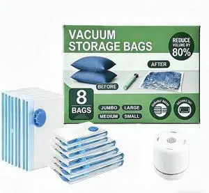 Vacuum Storage Bags with Electric Pump and Hand Pump,8 Pack Vacuum Seal Bags for Clothing,Space Saver Bags for Travel and Home(Jumbo 80 * 100) Vacuum Storage Bags with Electric Pump and Hand Pump,8 Pack Vacuum Seal Bags for Clothing,Space Saver Bags for Travel and Home(Jumbo 80 * 100)