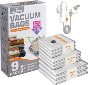 Travel Vacuum Bags with USB & TYPE C Pump, 9 Pack Carry-On Vacuum Storage Bags for Luggage & Suitcase, Vacuum Luggage Bags, Space Saver for Clothes & Travel(Grey) Travel Vacuum Bags with USB & TYPE C Pump, 9 Pack Carry-On Vacuum Storage Bags for Luggage & Suitcase, Vacuum Luggage Bags, Space Saver for Clothes & Travel(Grey)