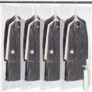 5 Pack Hanging Vacuum Storage Bags for Clothing Compression Bags with Hand Pump Clear Reusable Hanging Vacuum Seal Storage for Coats Closet Organizer (4 Long) 5 Pack Hanging Vacuum Storage Bags for Clothing Compression Bags with Hand Pump Clear Reusable Hanging Vacuum Seal Storage for Coats Closet Organizer (4 Long)