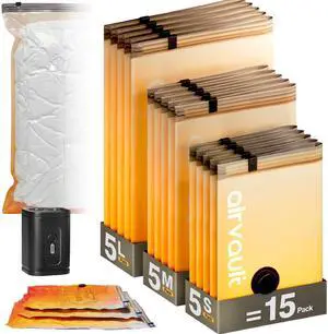 Vacuum Storage Bags for Travel & Home - Space Saver Compression Packing Bags Set for Clothes, Blankets & Seasonal Storage, Small (5), Medium (5), Large (5) (Orange,15-Pack Combo) Vacuum Storage Bags for Travel & Home - Space Saver Compression Packing Bags Set for Clothes, Blankets & Seasonal Storage, Small (5), Medium (5), Large (5) (Orange,15-Pack Combo)