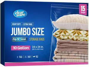 15 Count - Large Storage Bags With Zipper Top, 10 Gallon Size 24" x 24", Extra Large Plastic, For Clothes, Travel, Moving, BPA-Free, Heavy Duty 3-Mil Thick 15 Count - Large Storage Bags With Zipper Top, 10 Gallon Size 24" x 24", Extra Large Plastic, For Clothes, Travel, Moving, BPA-Free, Heavy Duty 3-Mil Thick