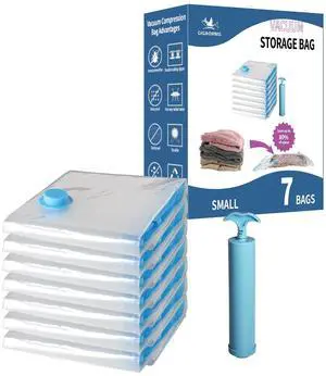 Vacuum Storage Bags Small 7 Pack Hand Pump, 80% Space Saver Vacuum Seal Bag Vacuum Storage Bags Small 7 Pack Hand Pump, 80% Space Saver Vacuum Seal Bag