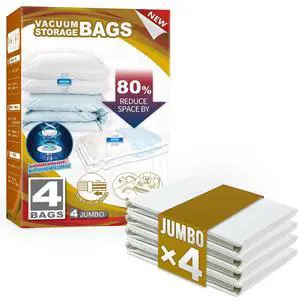 4 Pack Vacuum Storage Bags, Jumbo Size (31×40 inch), Vacuum Seal Bag for Clothing, Bulky Bedding, Comforter, Blankets, Pillows, Space Saver Packing 4 Pack Vacuum Storage Bags, Jumbo Size (31×40 inch), Vacuum Seal Bag for Clothing, Bulky Bedding, Comforter, Blankets, Pillows, Space Saver Packing