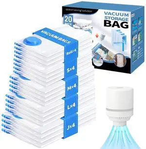 20 Pack Vacuum Storage Bags with Electric Pump, Compression Space Saver Vacuum Seal Bags 4 Jumbo/4 Large/4 Medium/4 Small/4 Roll Up Bags for Clothing Travel Comforters Blankets Pillows Bedding Duvets 20 Pack Vacuum Storage Bags with Electric Pump, Compression Space Saver Vacuum Seal Bags 4 Jumbo/4 Large/4 Medium/4 Small/4 Roll Up Bags for Clothing Travel Comforters Blankets Pillows Bedding Duvets