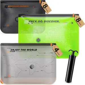 20 Pack Vacuum Storage Bags for Travel with Hand Pump, Reusable Double Zip Seal Waterproof Compression Bags for Luggage Clothes 20 Pack Vacuum Storage Bags for Travel with Hand Pump, Reusable Double Zip Seal Waterproof Compression Bags for Luggage Clothes