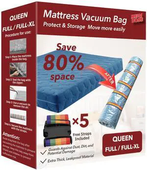 Queen/Full/Full-XL Mattress Vacuum Bag for Moving and Storage, Vacuum Seal Compression Bag for Queen and Full Size Mattresses, Heavy Duty Mattress Bag for Storage, with Sealing Clip and 5 Straps Queen/Full/Full-XL Mattress Vacuum Bag for Moving and Storage, Vacuum Seal Compression Bag for Queen and Full Size Mattresses, Heavy Duty Mattress Bag for Storage, with Sealing Clip and 5 Straps