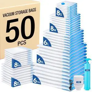 50 Pack Vacuum Storage Bags, 5 Sizes + 2 Roll-up (8 Each) Space Saver Vacuum Sealer Bags for Clothing with 1 Electric Pump and 1 Hand Pump, Seasonal Storage Bags for Luggage, Travel Essentials 50 Pack Vacuum Storage Bags, 5 Sizes + 2 Roll-up (8 Each) Space Saver Vacuum Sealer Bags for Clothing with 1 Electric Pump and 1 Hand Pump, Seasonal Storage Bags for Luggage, Travel Essentials