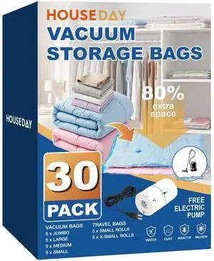 30 Pack Vacuum Storage Bags with Electric Pump, 4 Sizes + 2 Roll-Up (5 Each), Space Saver Vacuum Seal Bags for Clothing, Bedding, Pillows, Travel Airtight Seal, Reusable & Durable 30 Pack Vacuum Storage Bags with Electric Pump, 4 Sizes + 2 Roll-Up (5 Each), Space Saver Vacuum Seal Bags for Clothing, Bedding, Pillows, Travel Airtight Seal, Reusable & Durable